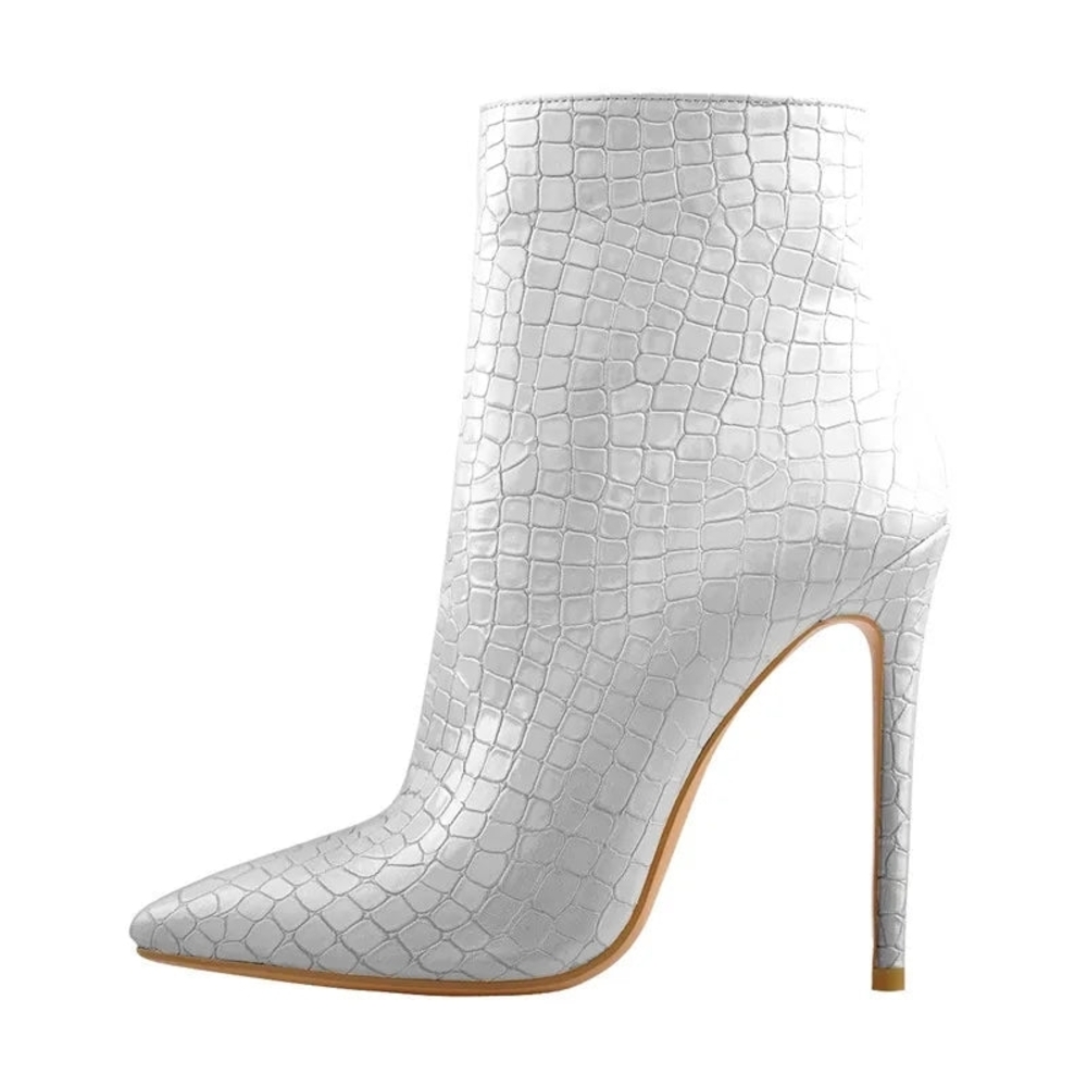 New! Silver Croc-Embossed Heeled Stiletto Boot Pointed Toe Ankle Bootie 42 NWOT